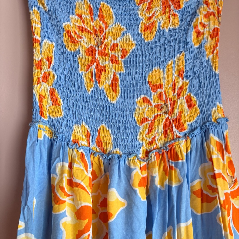 💚Anthropologie Abel the Label Strapless Dress with Blue and Yellow Floral Design - Picture 3 of 6